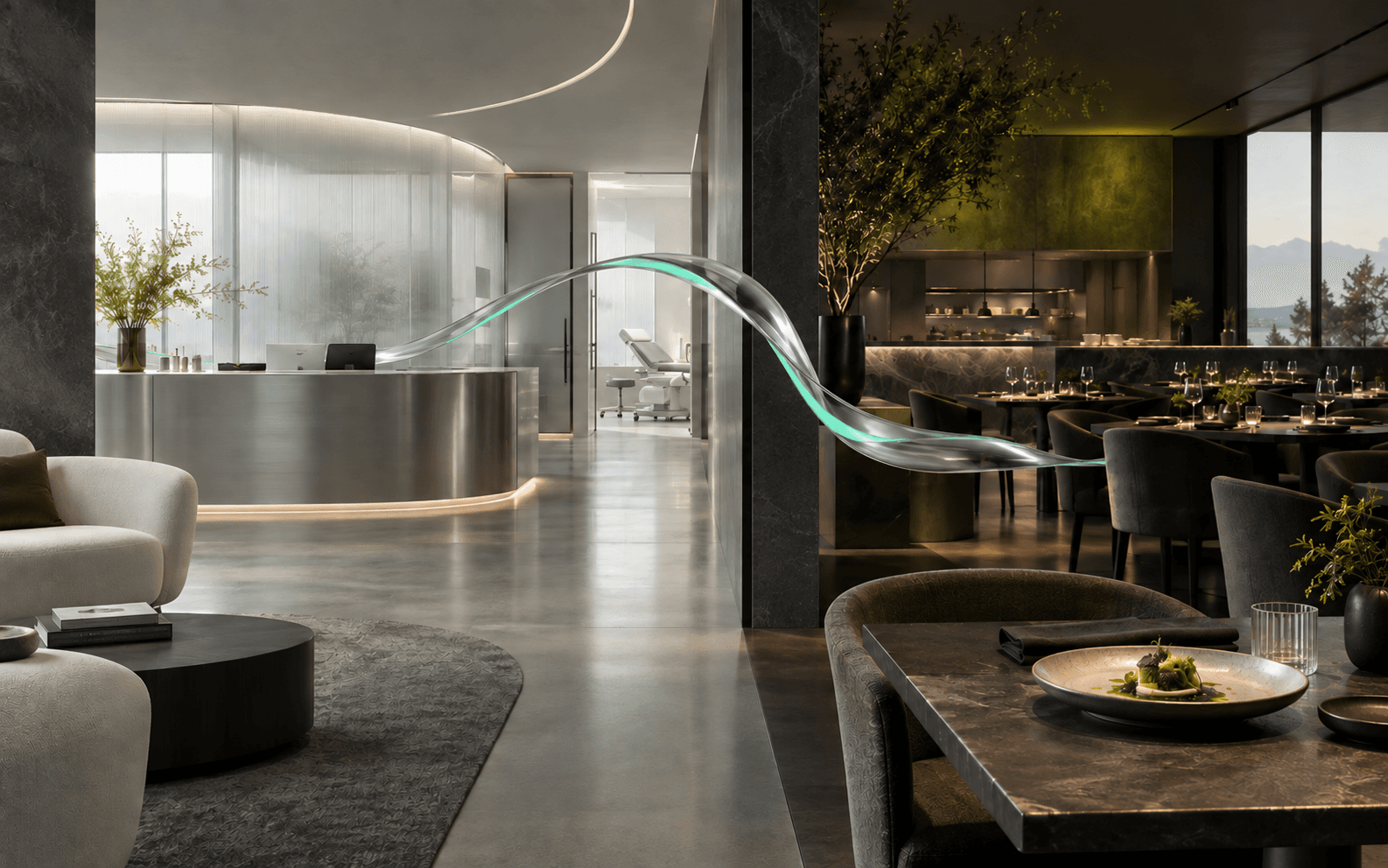 A modern healthcare clinic and restaurant connected by a flowing system